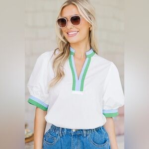 Entro White Blouse with Green and Blue Trim